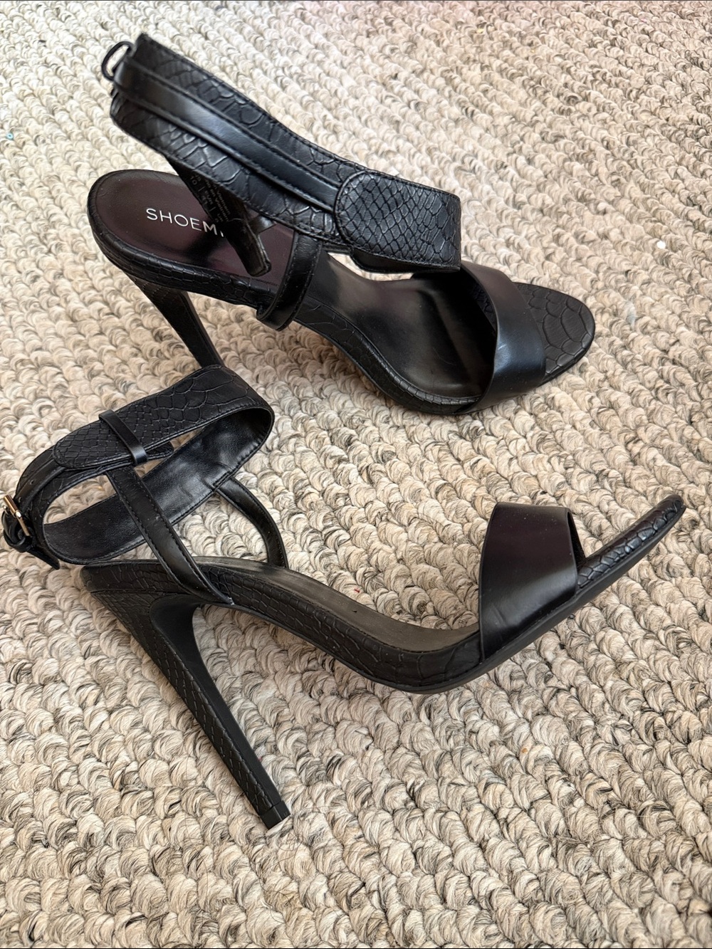 Black Snake-Embossed High Heel Sandals